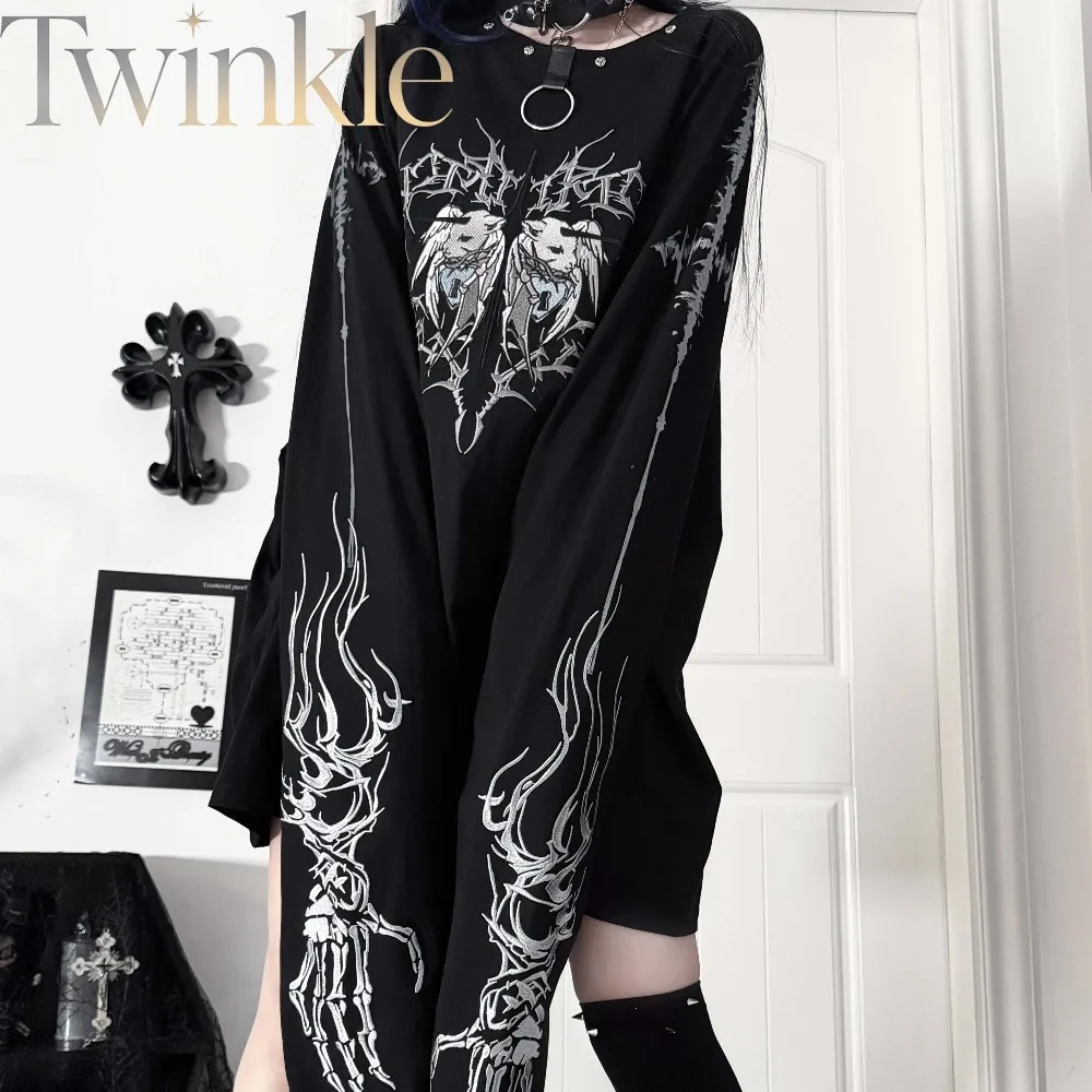 Embroidered Raglan T-Shirt Subculture Graphic Print Extra Long Sleeve Cotton Oversized Grunge Punk Streetwear Unisex Tee Top