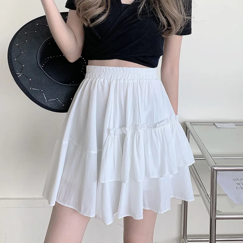 Women Summer Pure Witty Ruffles Patchwork Skirts Design Sense High Waist Thin  New Ins Tide Skirts Solid Color A-word Skirt