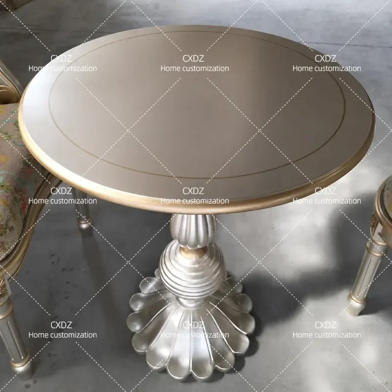 Round Coffee Table with Solid Wood Top Champagne Silver Finish Modern Living Room Balcony Set Includes One Table and Two