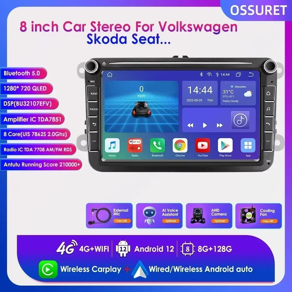 8'' Android 13 Carplay for Volkswagen VW Golf 5 Transporter Passat B6 Polo Jetta Skoda Seat 2Din Car Radio Multimedia Player GPS