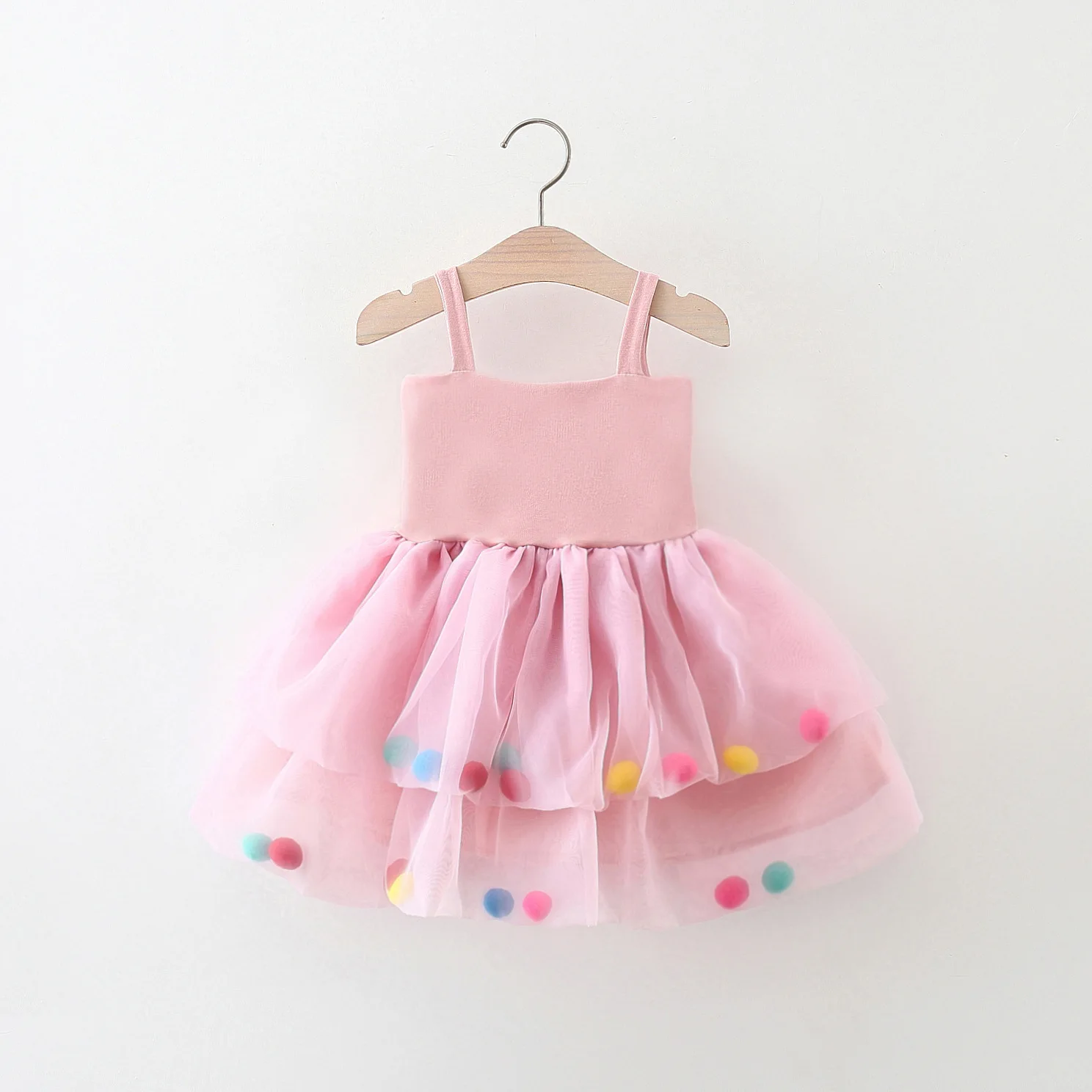 Summer girl dress baby girl solid color suspender patchwork full of colorful fur ball mesh princess dress