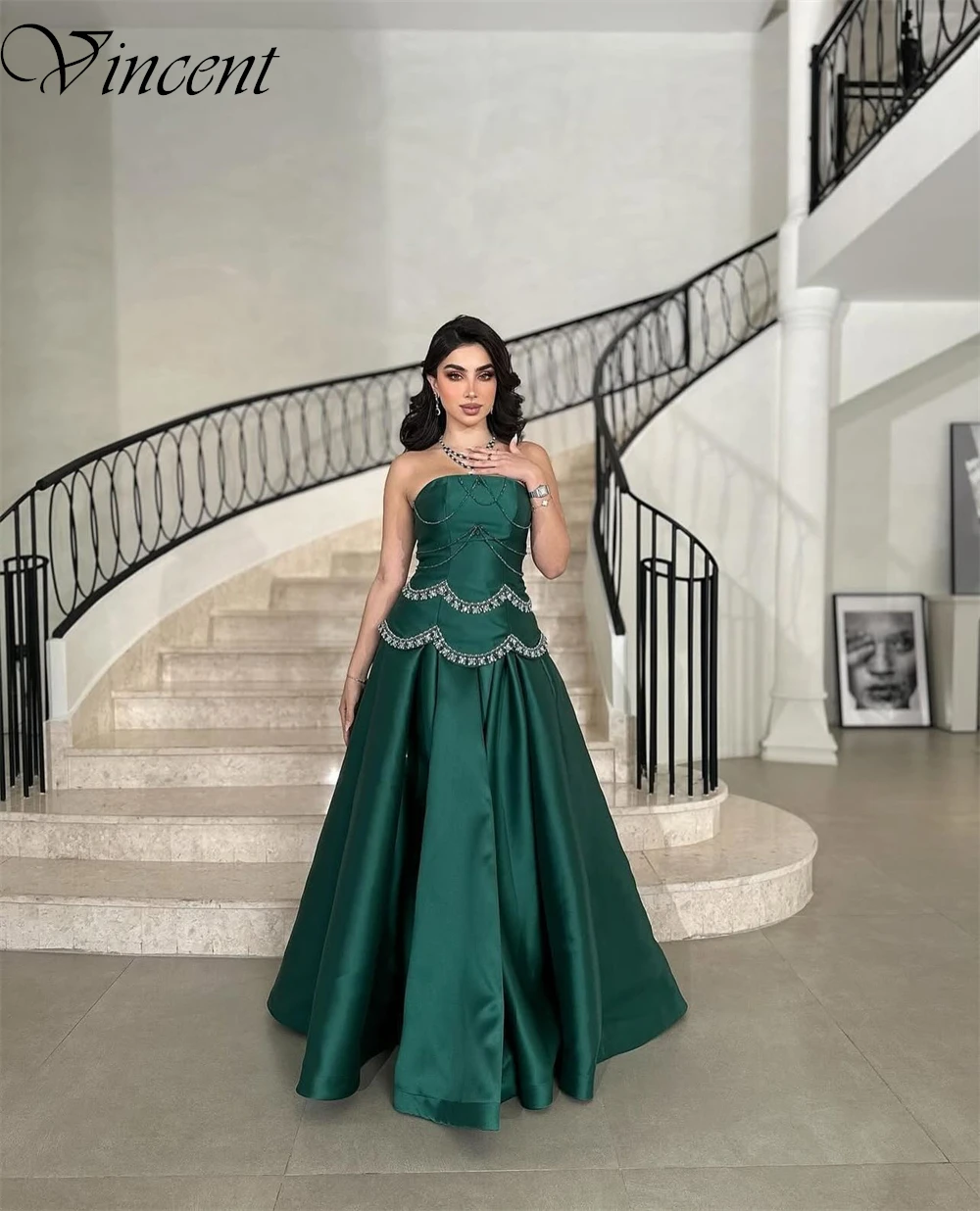 Customized Green Satin Beading and Crystal Prom Dresses Simple Court Train Celebrity Gown Classic Strapless A-Line Evening Dress