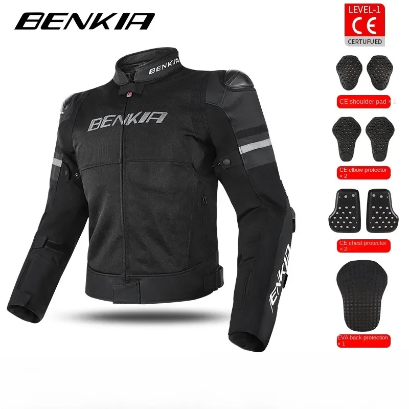 BENKIA Motorcycle Jacket for Man and Woman Motorbike Jacket Summer Mesh Breathable CE Grade Anti-drop Leather Splicing Jacket