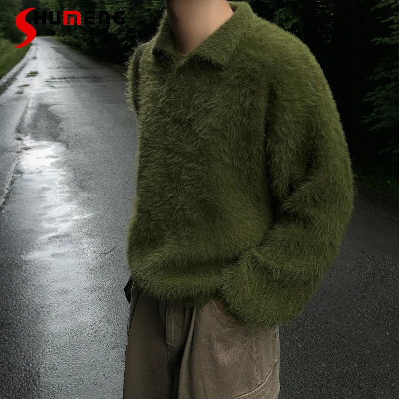 

Fashion Light Luxury Lapel Long Sleeve Pullover Sweaters Men 2025 Winter New Warm Loose Knitted Tops Comfort Handsome Knitwears