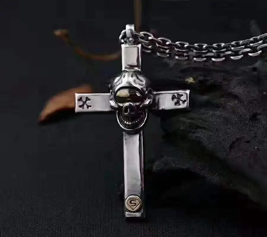 Japanese and Korean pure silver vintage cross skull pendant Gothic exaggerated jewelry trendy man Thai silver necklace