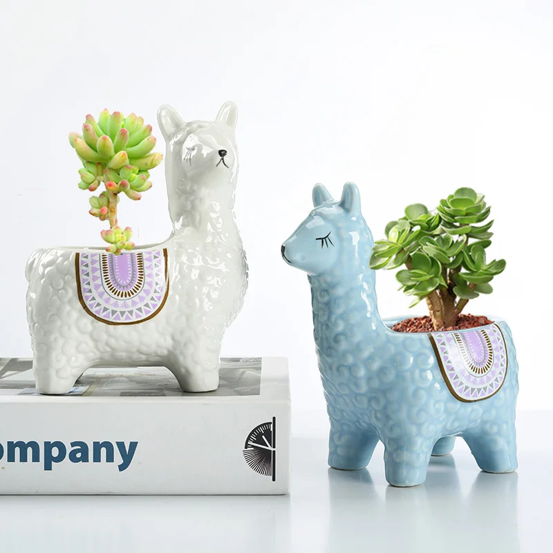 Cute Cartoon Alpaca Ceramic Succulent Planter, Funny Animal Flower Pot, Desktop Mini Cactus & Indoor Plant Home Decoration