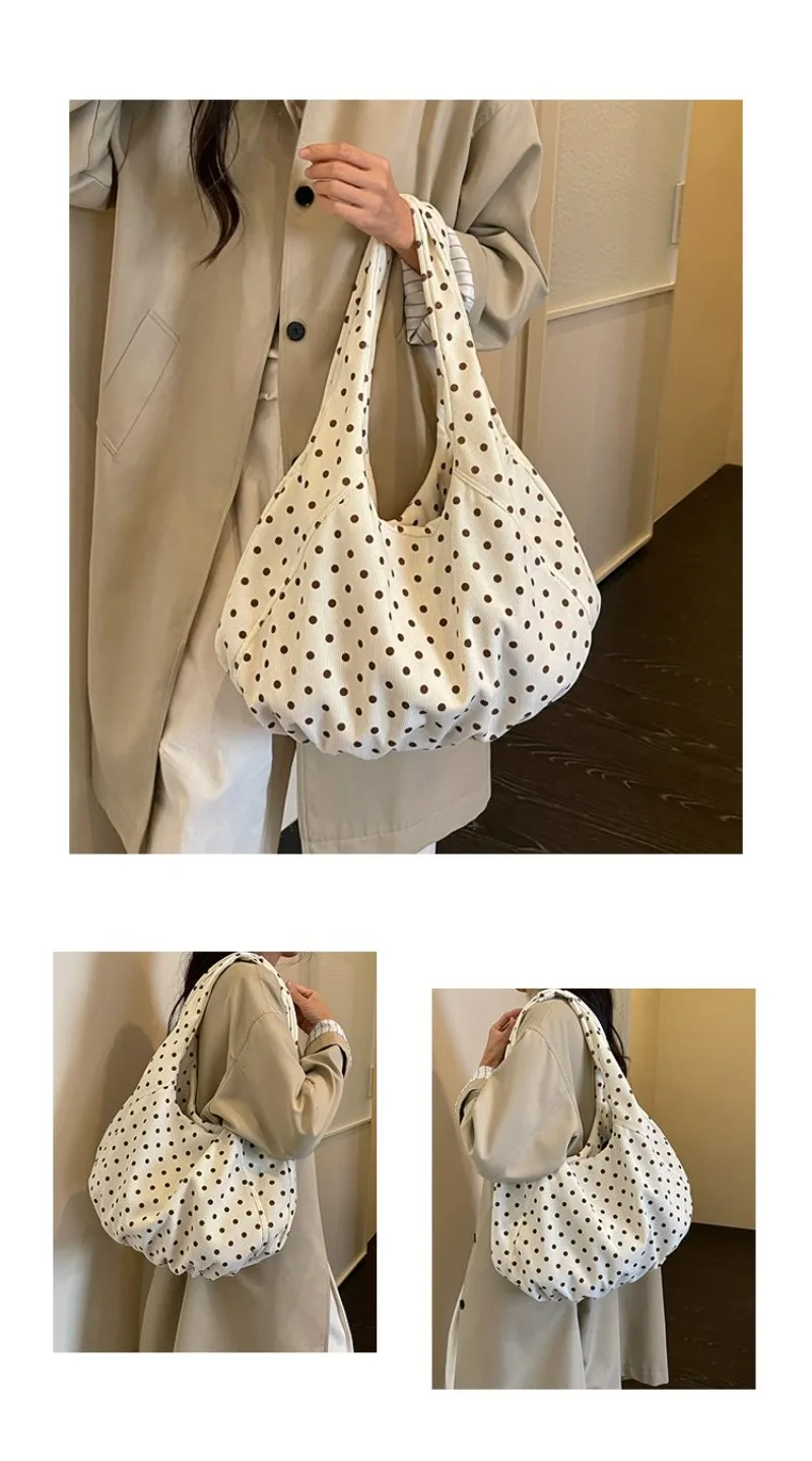 CEEKAY Canvas-Tasche mit Polka-Dot-Muster, Hobo-Stil, breiter Träger, geraffte Falten, vielseitig einsetzbar, für den täglichen Gebrauch, Freizeit, große Kapazität, Damenhandtasche. – Detail 18