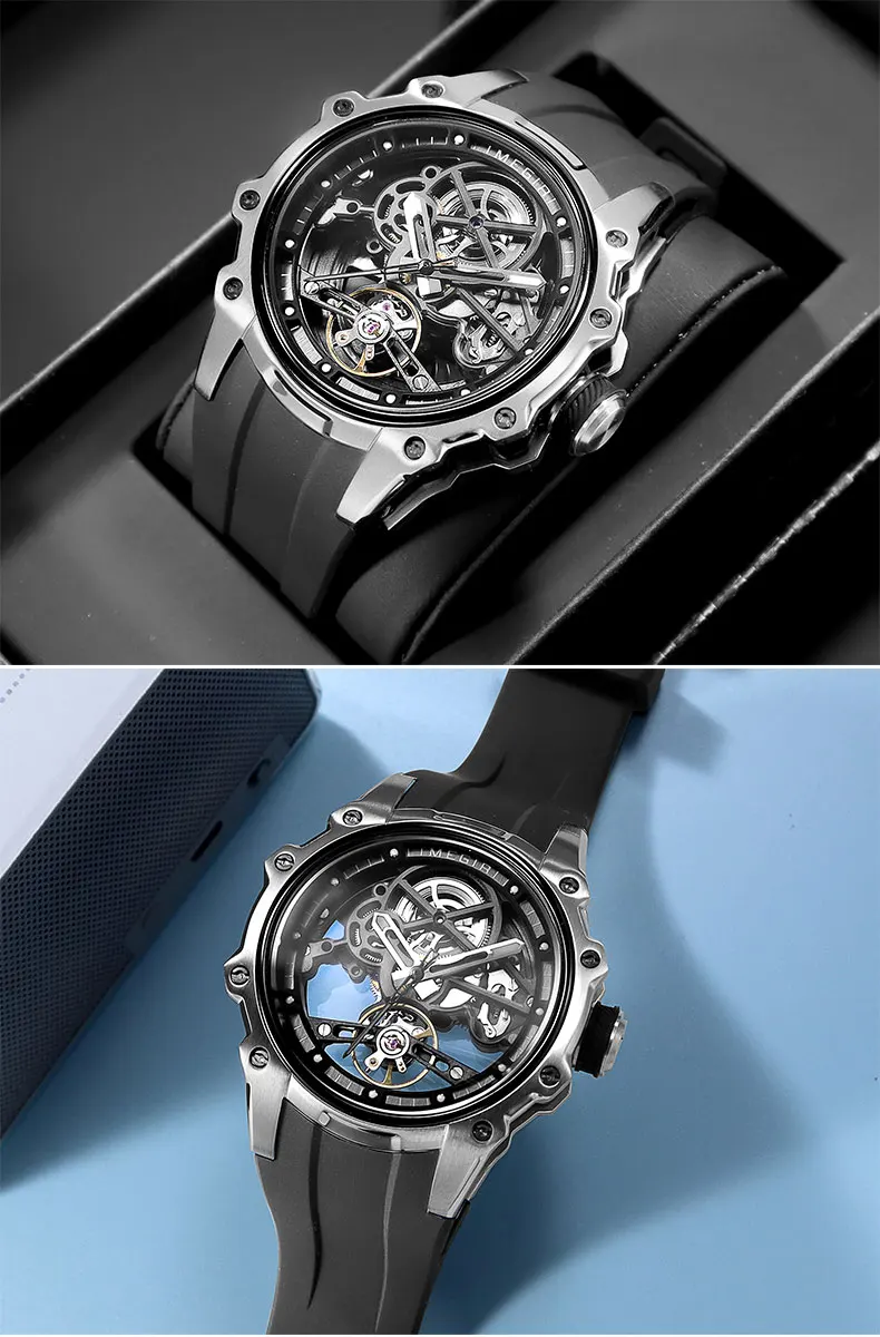 MEGIR Skeleton Dial Automatische Mechanische Uhr Männer Edelstahl Gehäuse Wasserdicht Leuchtende Sport Armbanduhr mit Silikon Armband – Detail 12