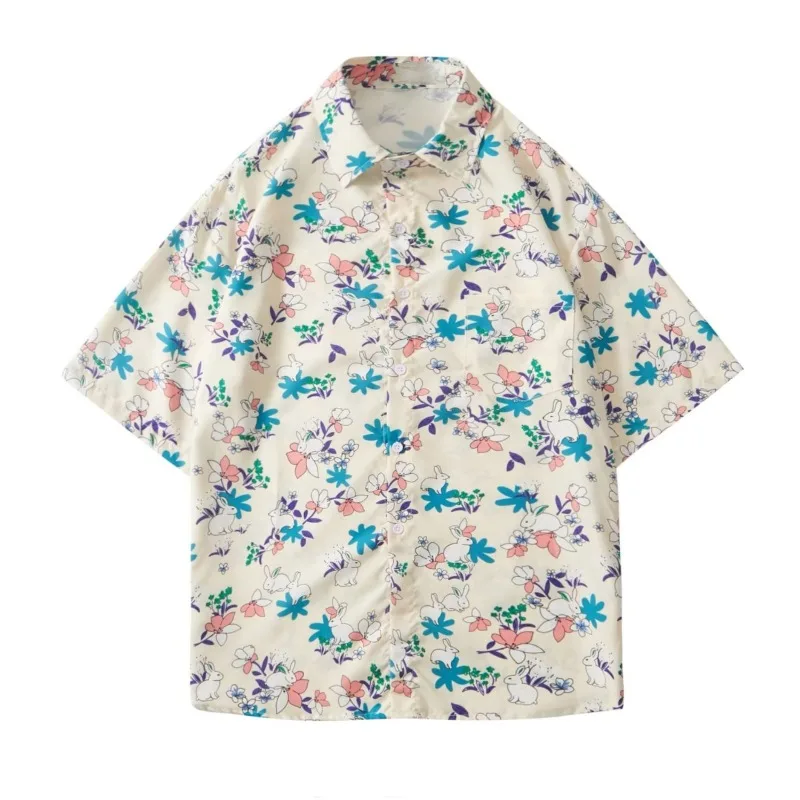 Men's Summer Vintage Floral Print Streetwear Y2K Harajuku Shirt Youth Casual Lapel Short Sleeve Loose Handsome Tops Ropa Hombre