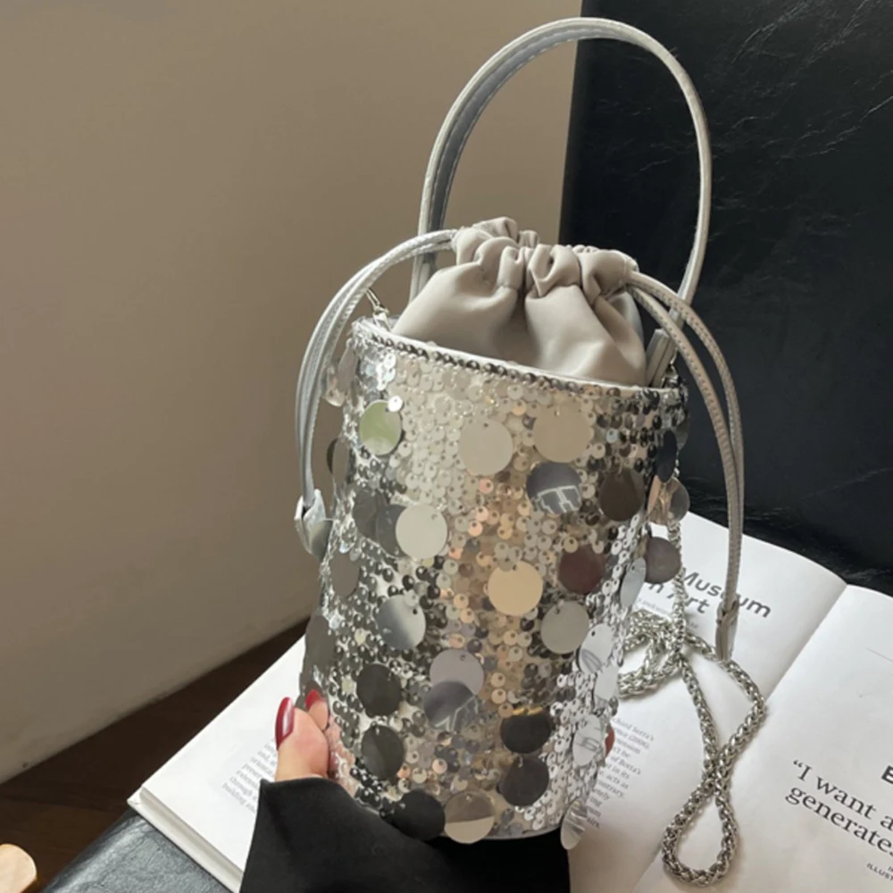 

Sequin Mini Bags Crossbody Small Bag Solid Color Bucket Shape Purse Simple Style Sling Pack for Spring Summer Women Use