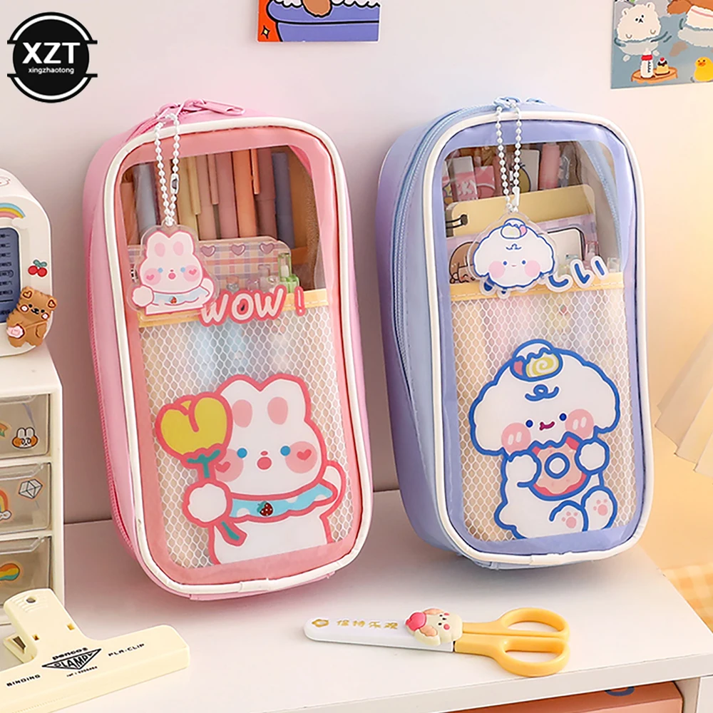 Ins Four Layers Large Capacity Cute Pencil Case Kawaii Waterproof Transparent Cosmetic Bag Boy Girl Birthday Gift