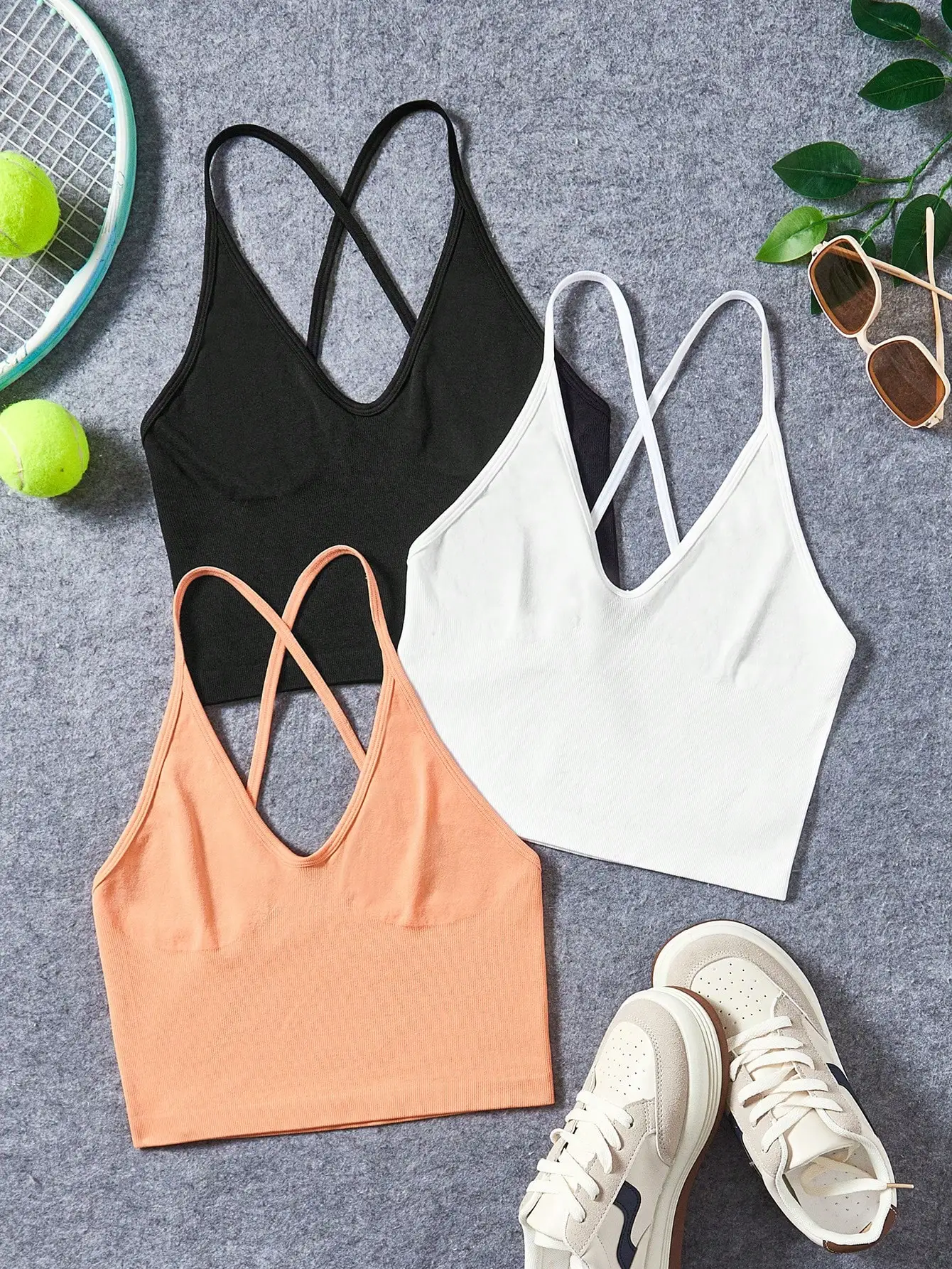 New 3 Colors Pack Cross Back Ribbed Crop Tank Top Women Deep V Neck Elastic Gym Training Sleeveless Cami Vest