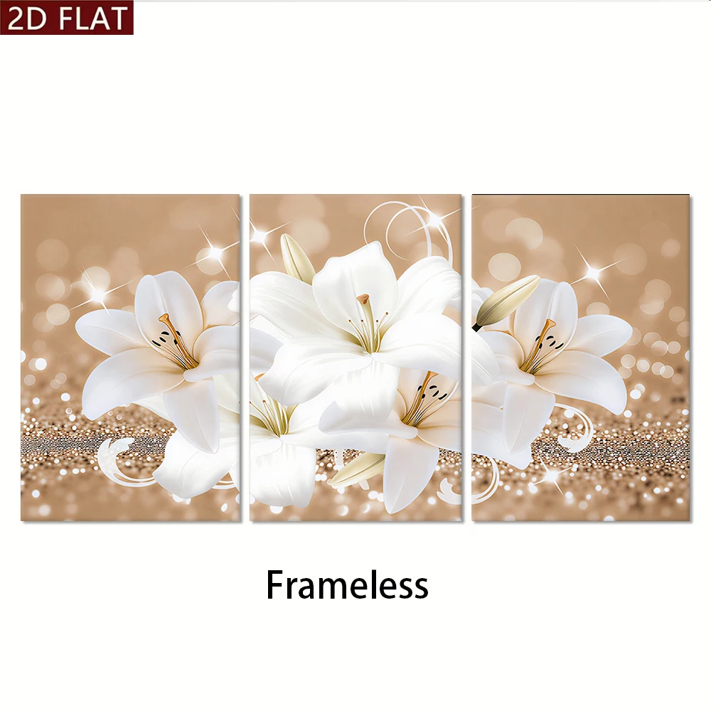 1 set of fresh white lily flower triptych frameless decoration painting, living room sofa background wall painting 2D plan