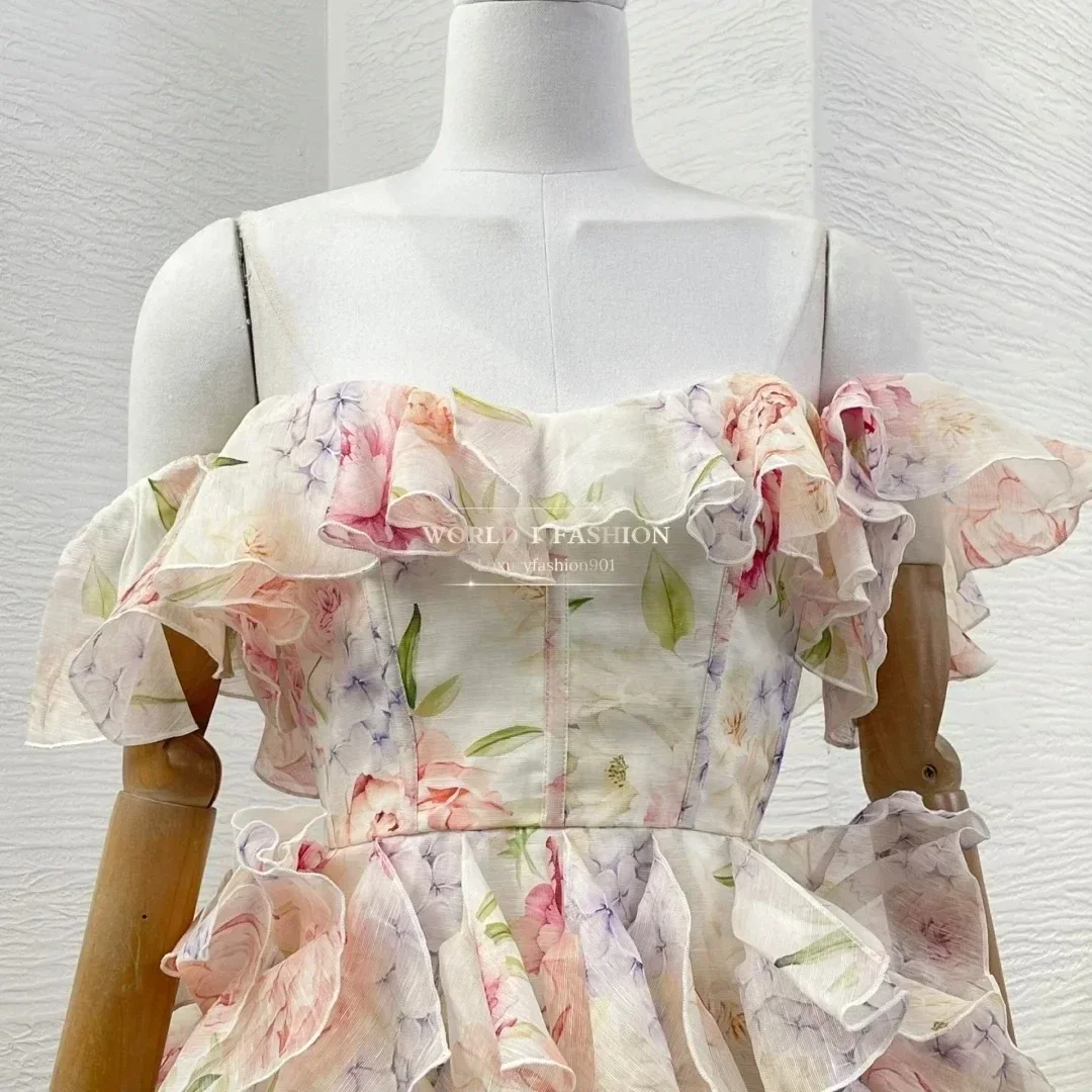 2025 New Hot Linen Collection Violet Purple Flowers Print Short Sleeve Ruffles Hem Mini Dress for Women