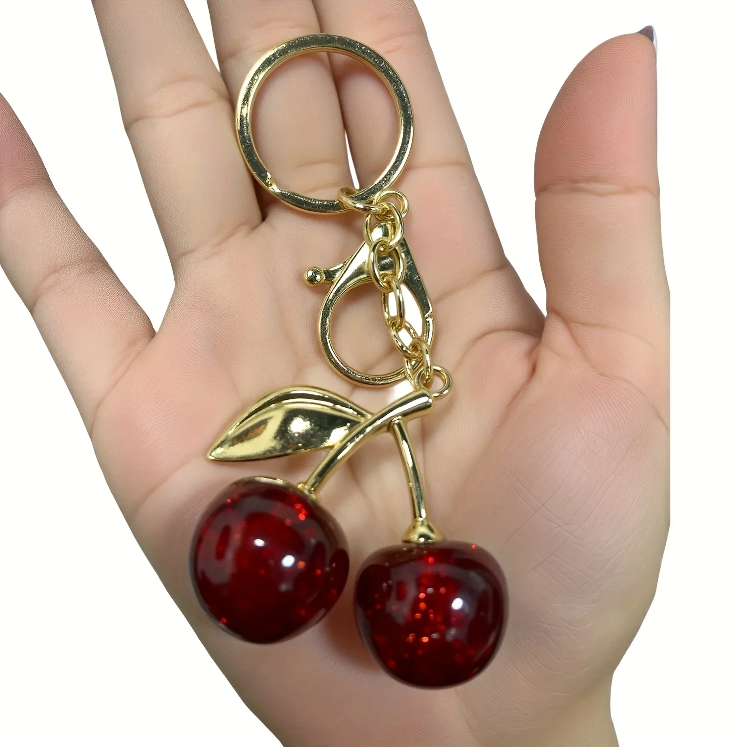 

Golden Cherry Pendant Keychain - Red Cherry Resin Bag Charm, Round Cute Decorative Accessory