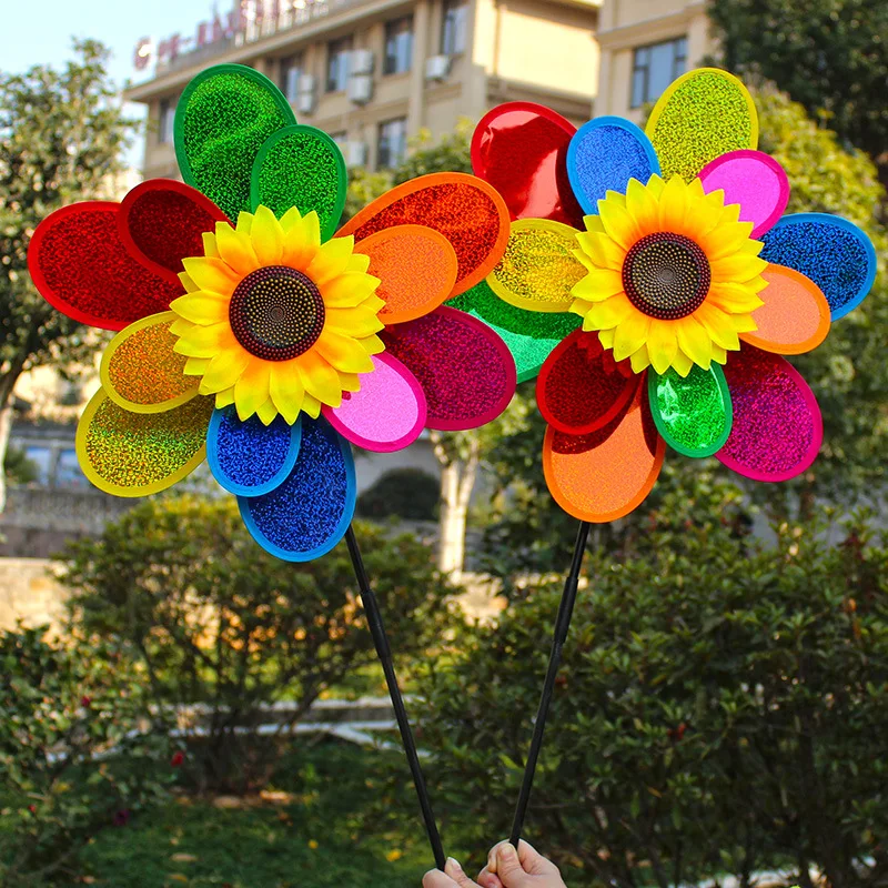 Double-layer Sunflower-shape Windmill Layout Pinwheels Colorful Sequin Windmill For Home Yard Garden Park Outdoor Decoration