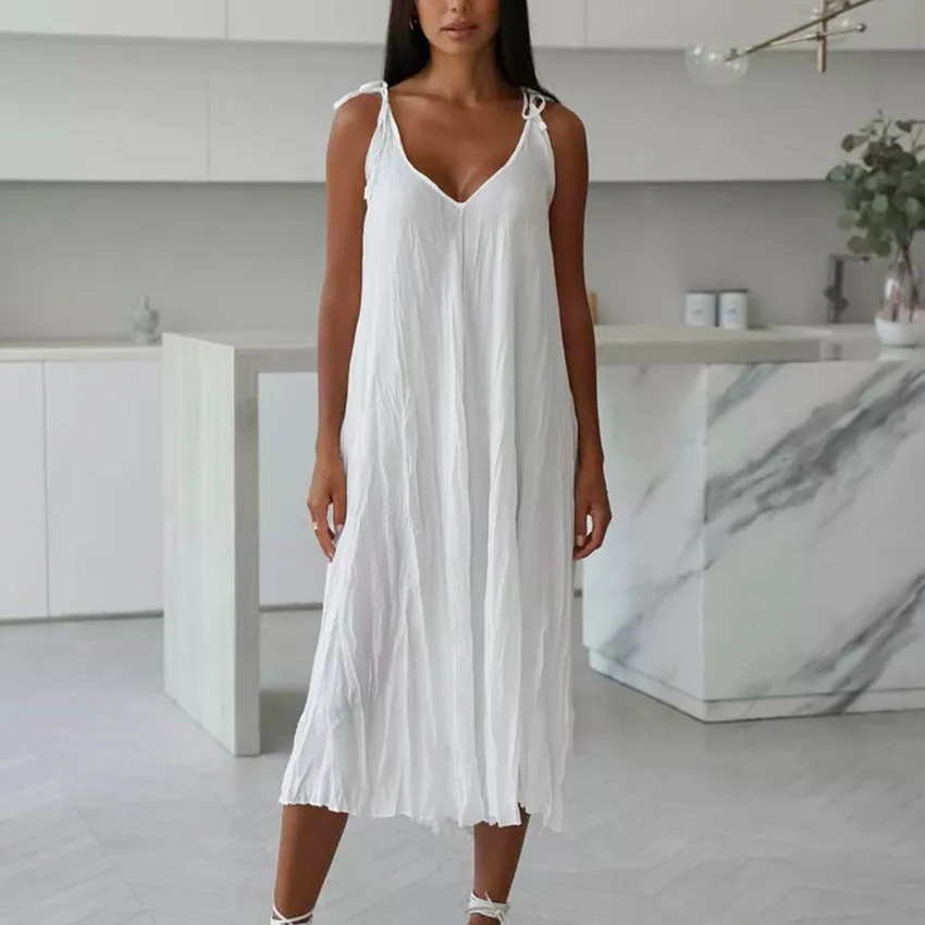 HiLoc Lässiges, lockeres, weißes langes Kleid, Robe 2026, neue Sommerkleider mit V-Ausschnitt für Damen, Frühling, ärmellose, gerade Roben, Nachthemd