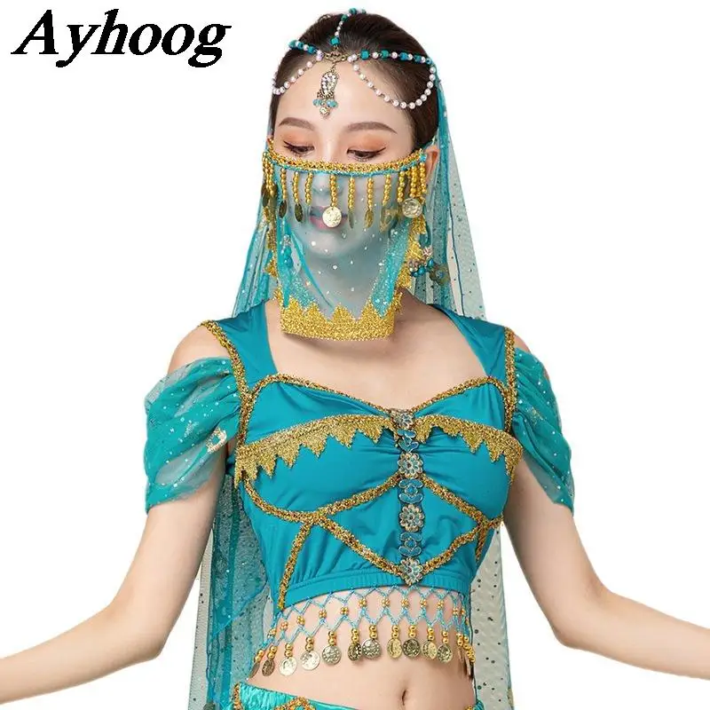 قمصان الأميرة المطرزة على طراز كورتلي للرقص العربي للبالغين، بلوزة أميرة بوليوود الياسمين مع عملات ذهبية للرقص الشرقي