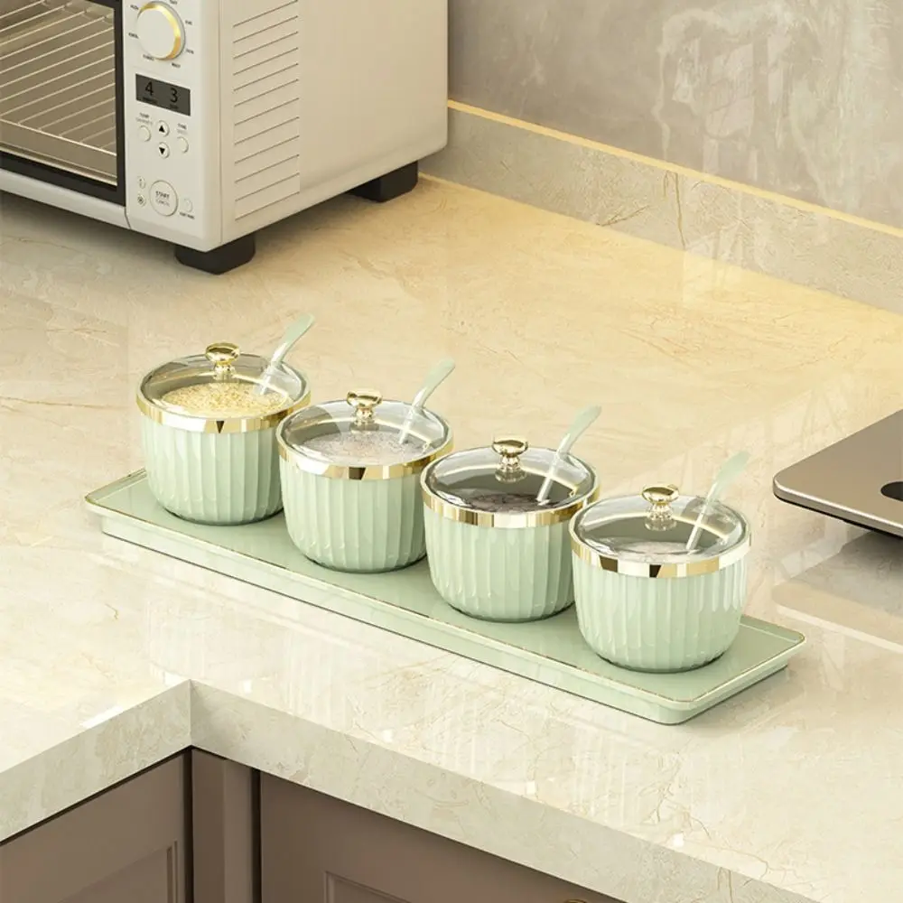 

3/4 Grid Seasoning Storage Box Plastic Sealed Spice Jar Morden Style with Spoon and Lid Condiment Container Salt