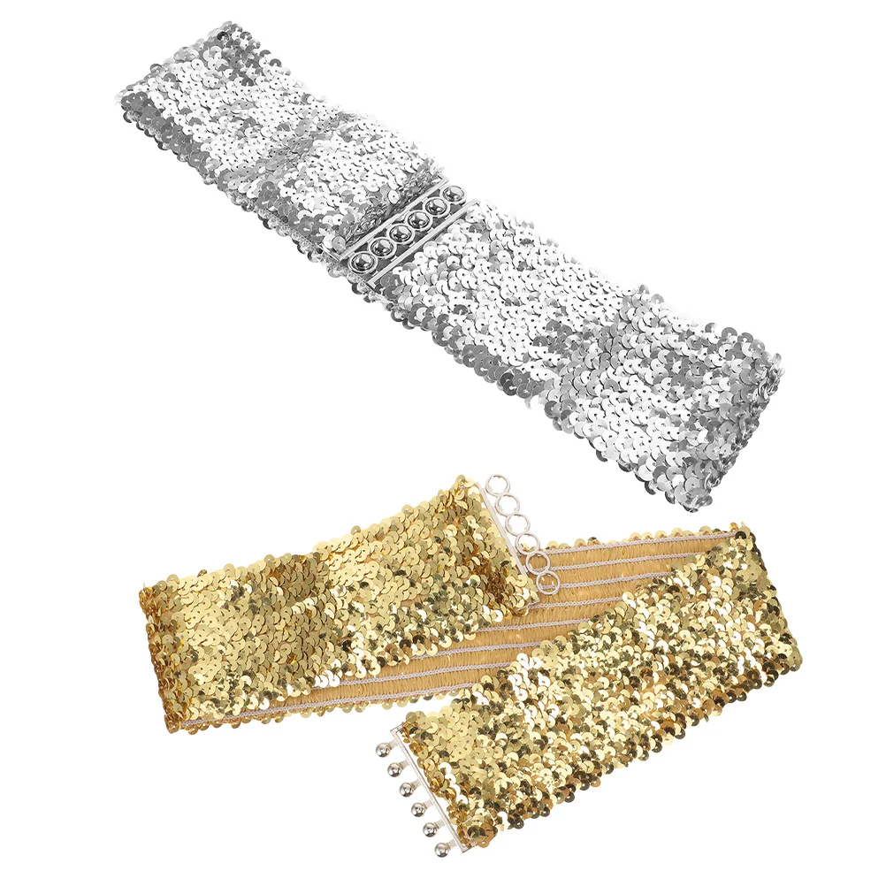 

2Pcs Wide Glitter Sequin Elastic Waist Belt Sparkling Stretch Cincher for Prom Dress Party Dance Performance Fashionable Women