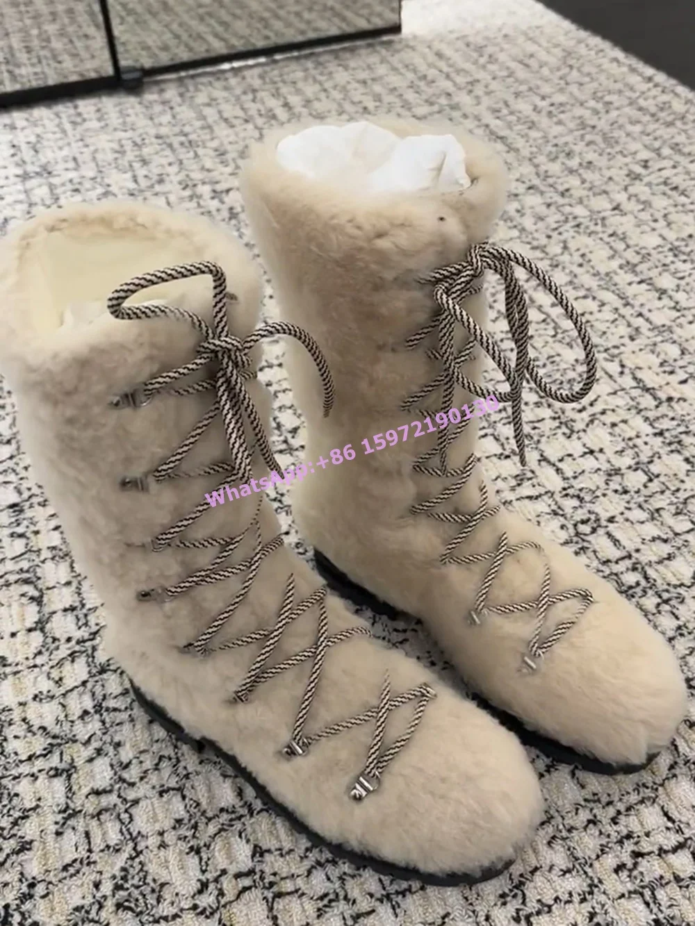 Furry Cross Tied Boots Beige Rope Thick Soled Winter Warm Square Heels Lace Up Shoes Fashion Soft Winter Women's Shoes 2025