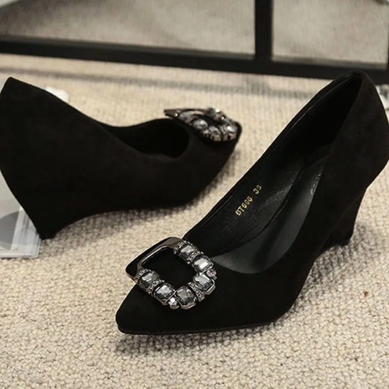 Hang Ferse Mode Schuhe Frauen Frühling Neue Wasser Diamant Spitz Flach Mund Weiche Sexy High Heels Frauen Schwarz Retro Schuhe 43 – Detail 8