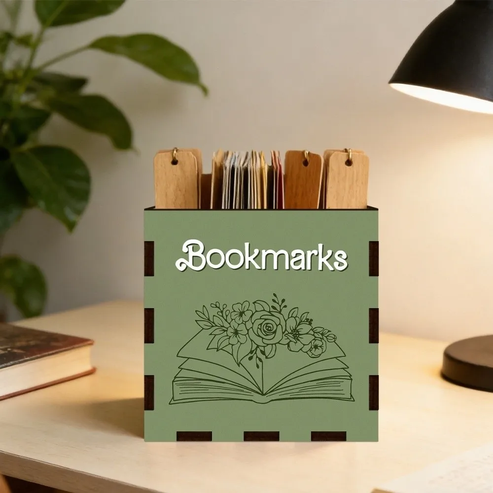 Wood Bookmark Storage Box Book Shaped Compact Desktop Organizer Box Printed Pattern Bookmark Holder Home Office Decor