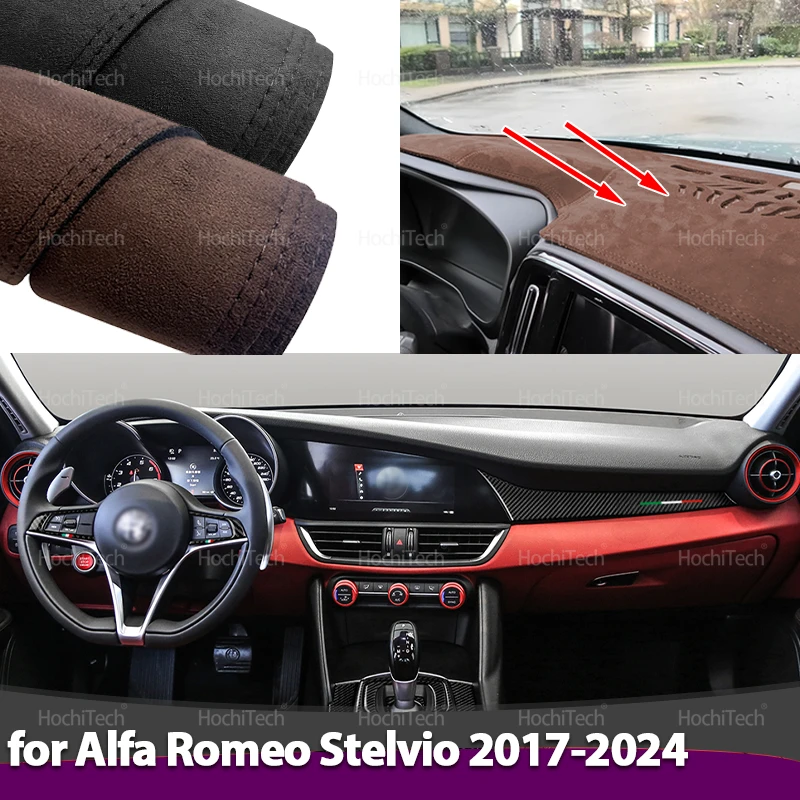 Suede Leather Dashmat Dashboard Cover Black/Brown Instrument Panel Sunscreen Pad for Alfa Romeo Stelvio 949 2017 2018 2020-2023