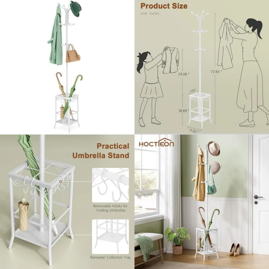 

Coat Rack Freestanding, Coat Tree with Umbrella Holder, Metal Coat Rack Stand with 12 Hooks, Standing Coat Hanger Stand, Umbrel