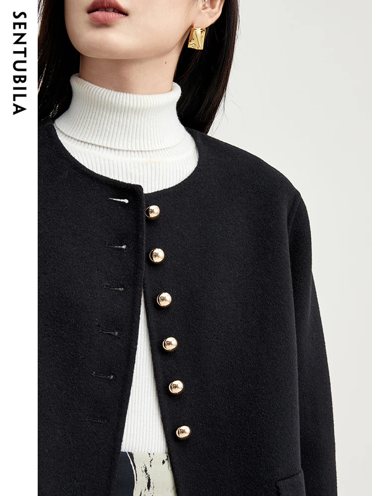 SENTUBILA Elegant Wool Cropped Jackets for Women Black Winter Coat 2025 Fashion O-neck Commute Female Short Outerwear W34O49734