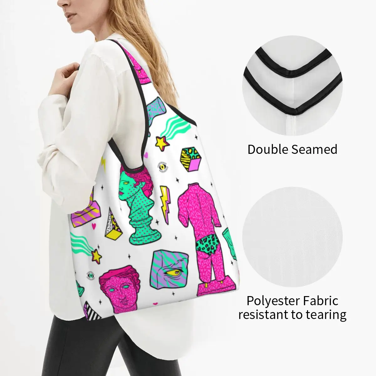 Reusable Trendy Psychedelic Sculpture Shopping Bags for Groceries Foldable Trippy Vaporwave Grocery Bags Large Tote Bags