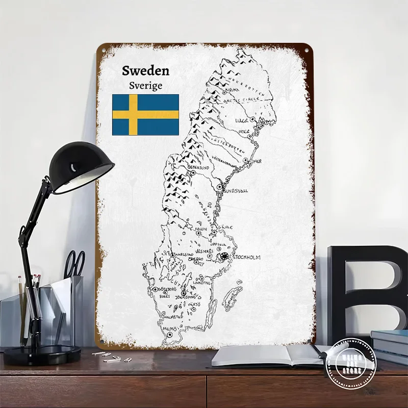 Handdrawn Sweden Map Personalized 3D Textured Metal Poster Wall Art Vintage Tin Signs for Decoration Room Ornaments Decor Luxury