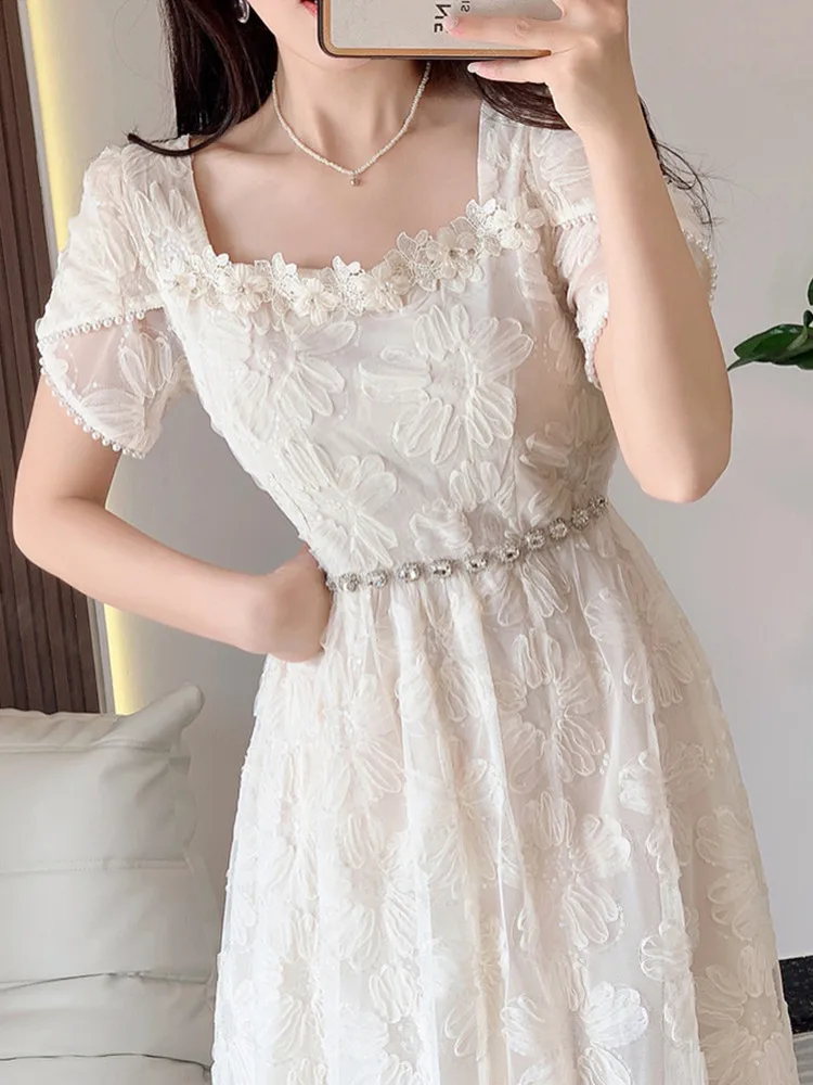 SMTHMA New French Elegant Embroidery Short-Sleeved Summer Dress Women Fashion Luxury Diamond Beads Hollow Floral Dress Vestidos