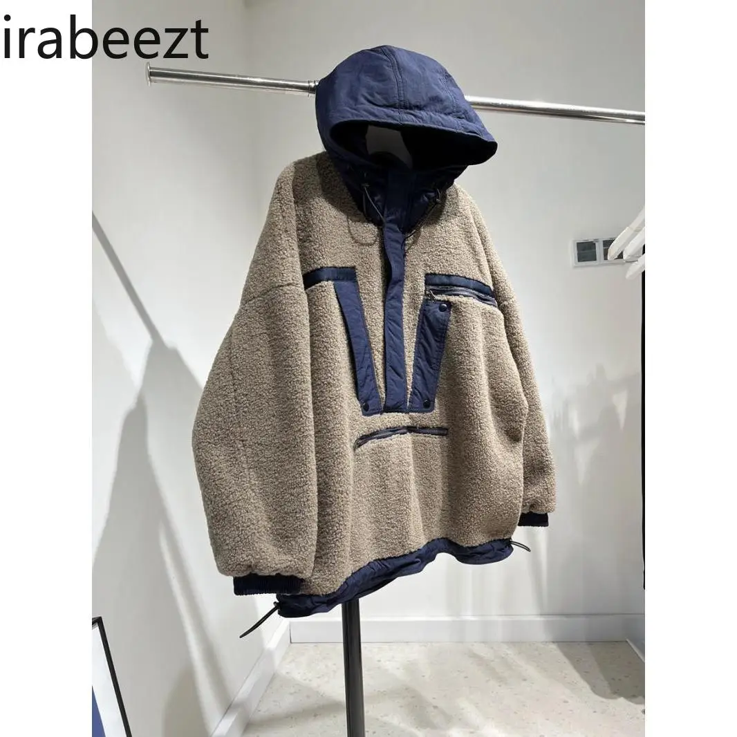 Extra Large Size Cool Warm Cargo Style Lamb Wool Hoodie Men and Women Stitching Half Zip Hooded Jacket Loose Sweatshirt