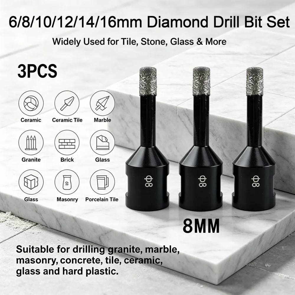 3-Pcs M14 Vacuum Brazed Diamond Core Drill Bits Set, 6/8/10/12/14/16mm Dry‑Use Hole Saw for Tile Granite Marble Stone Drilling
