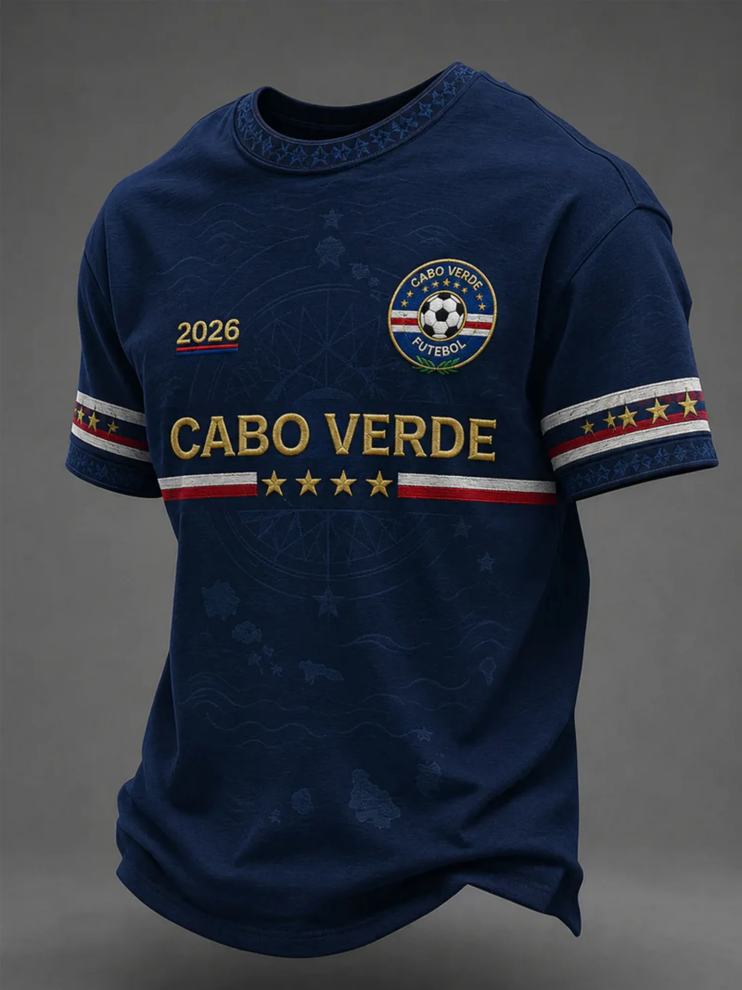 Mens Cabo Verde Crew Neck T Shirt Blue Stripe Print Short Sleeve Casual Top Coastal Soccer Style Travel Graphic Tee For Men Wear