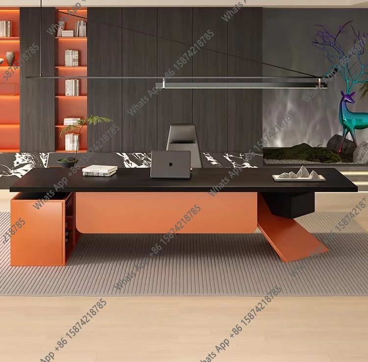 New high-end light luxury solid wood boss table, large class desk with side cabinet desk, president's leadership office desk