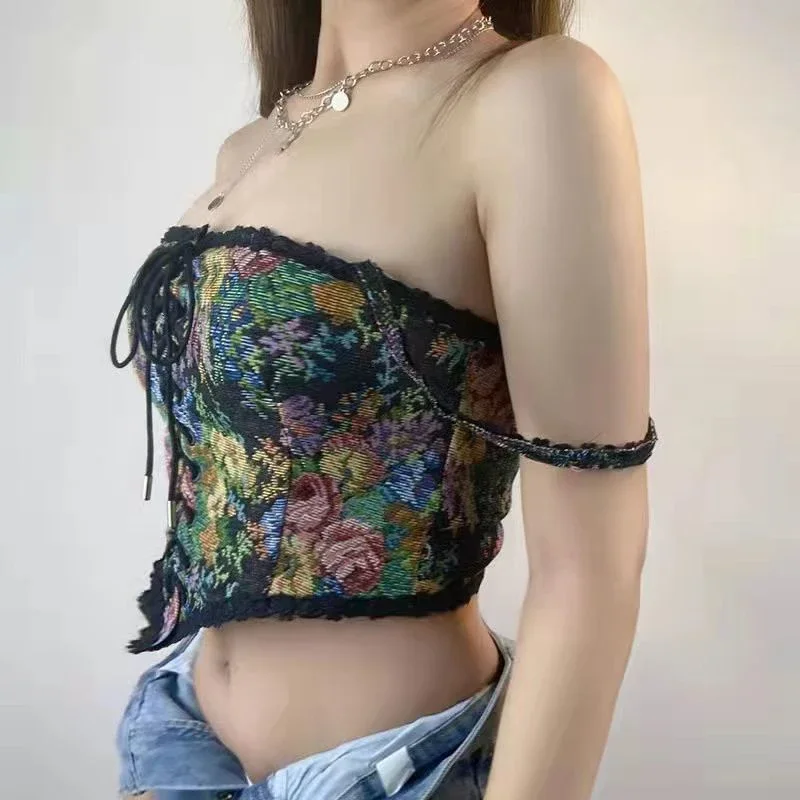 Women Elegant Designer French Vintage Print Halter Tops Chic Bandage Floral Corset Shirts Sexy Style Party Club Ladies Top