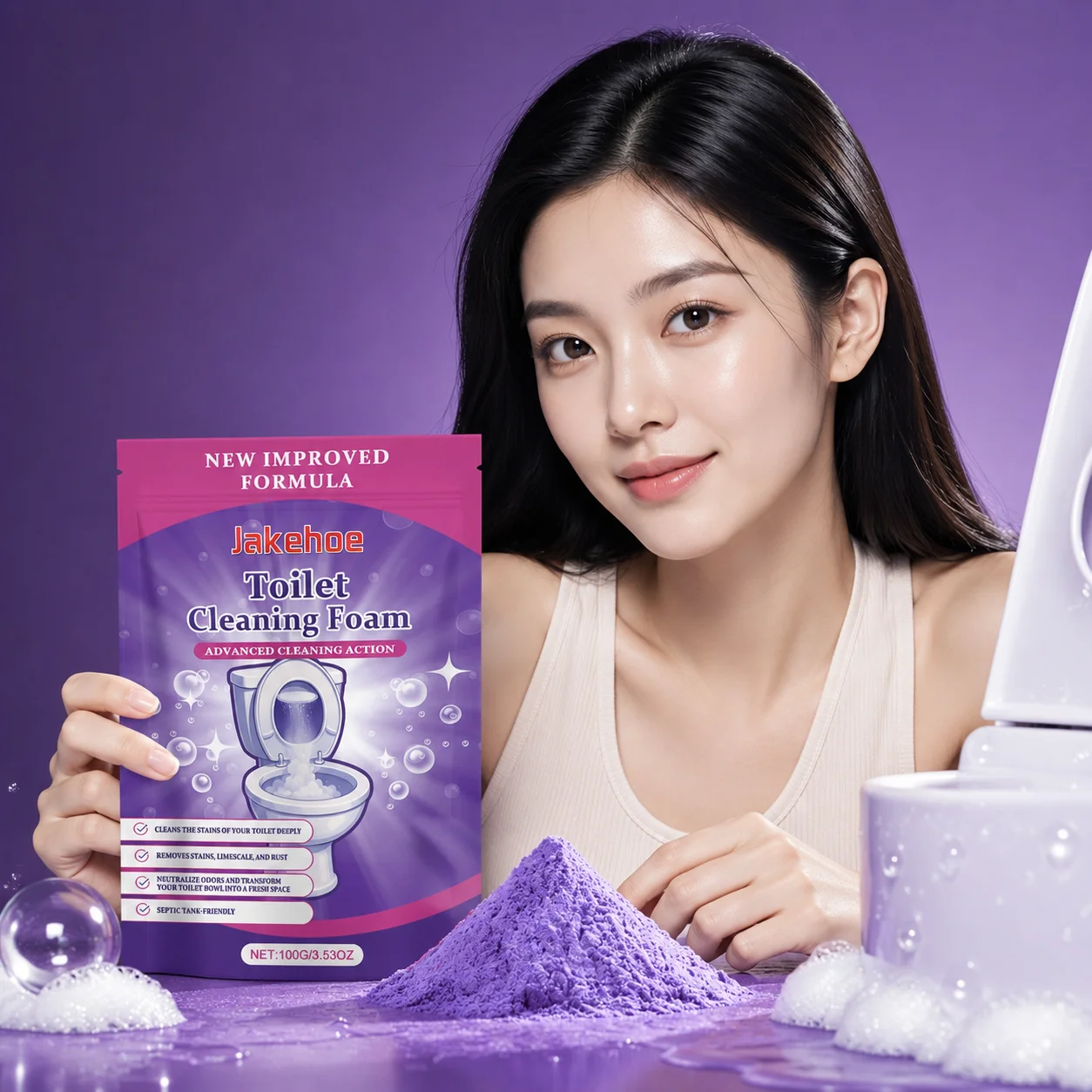 Jakehoe Toilet Cleaning Foam Powerful Descaling Deep Penetration Cleaning High Efficiency Cleaning Deodorizing Cleaner Powder