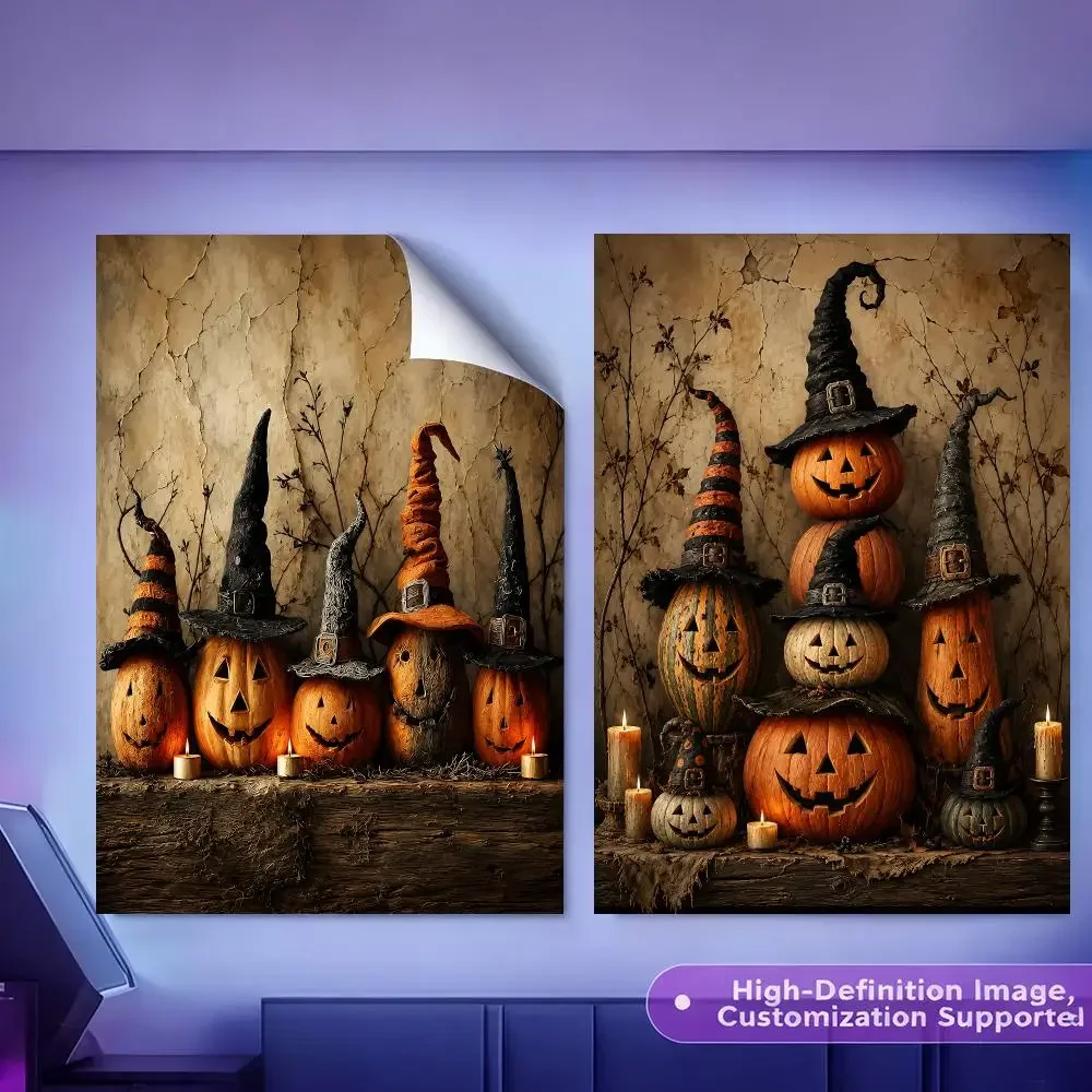 Vintage Witch Hat Pumpkin Halloween Painting Calligraphy HD Canvas Poster Crease Free Waterproof All Space Wall Decor