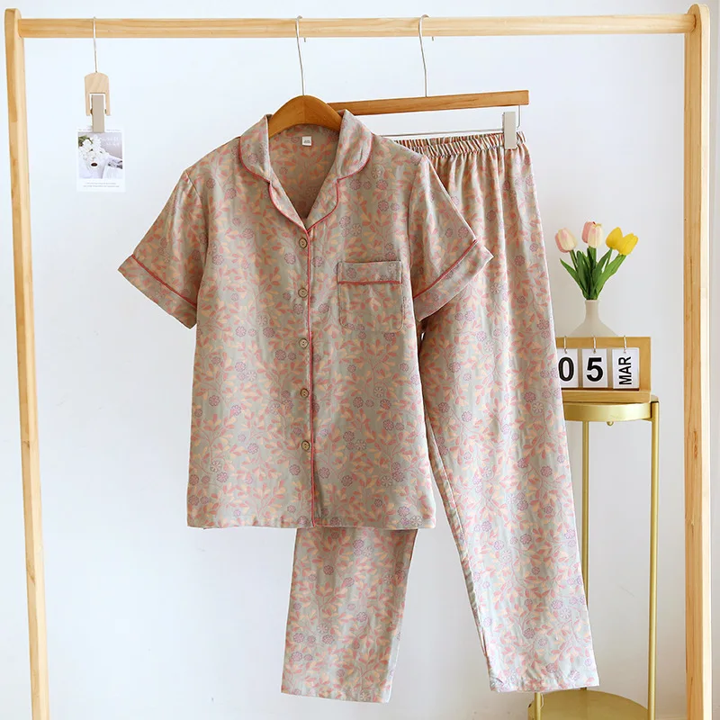 2024 New Spring/Summer Women's Pajama Set 100%Cotton Crepe Short Sleeve+Pants Two Piece Large Flower Cardigan Homewear Sleepwear