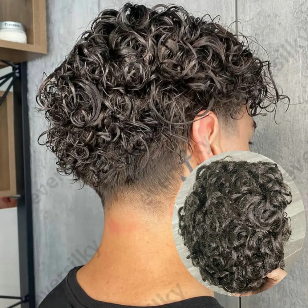 Herren-Toupet aus Echthaar, 20 mm, lockig, dünne PU-Haut, männliche Haarprothese, indisches Remy-Haarsystem, natürlicher Haaransatz, Herrenperücke – Detail 3
