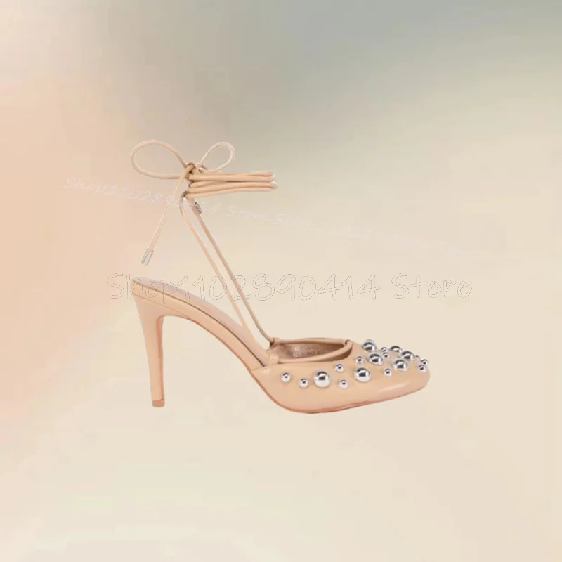 

Silver Round Rivets Beige Round Toe Twine Pumps Lace Up Women Shoes Thin High Heels Fashion Party Feast 2025 Zapatos Para Mujere