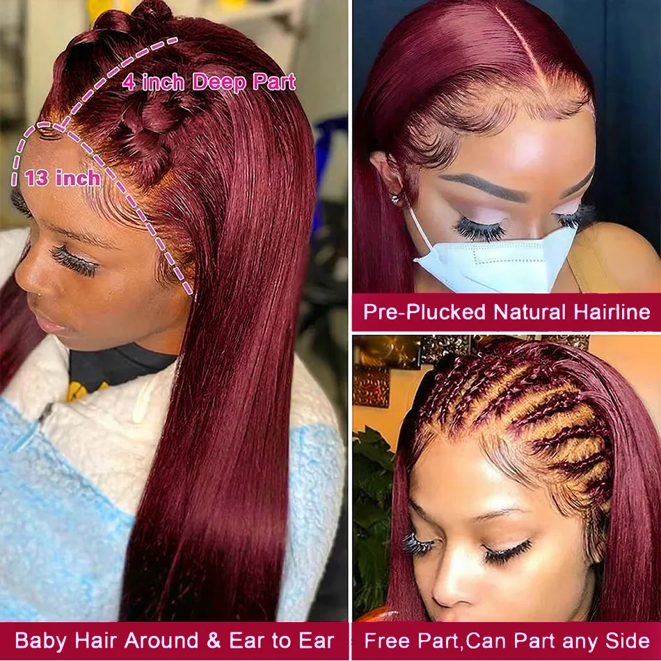 

Бордовый парик из натуральных волос с HD-кружевной передней частью 13x4, прямой, красный, парик из натуральных волос с кружевной передней частью 13x6, цвет 99J, парик из натуральных волос 220% плотности