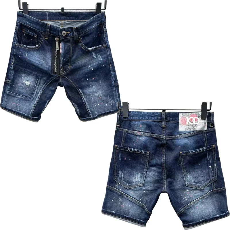 

chareiharper 307-1 Ripped patch digital printed straight tube hipster men's denim quarter shorts