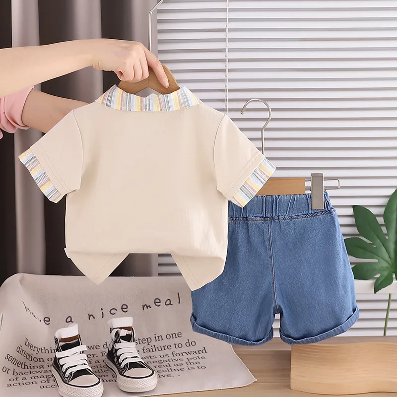 Toddler Boys Outfits 2026 New Summer Cute Bear Embroidery Striped Collar Polo Shirt and Denim Shorts 2pcs Kids Clothes Set