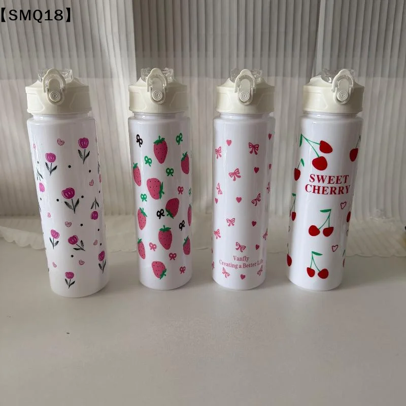 750ML White Water Bottle Full Printed Cartoon Strawberry Bow Flower Fade Resistant Leakproof Reusable Stylish Cup For Sport【SMQ】