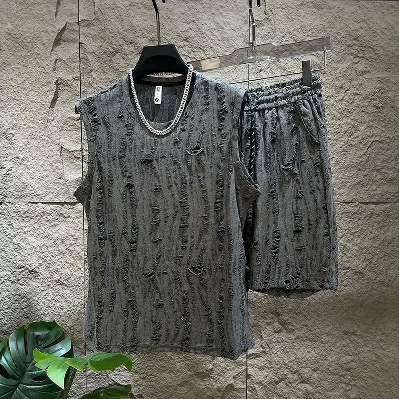 Stylish Sleeveless T-Shirt Men's Shorts Fashion Multipurpose Solid Color Vest Summer Trendy Round Neck Suit