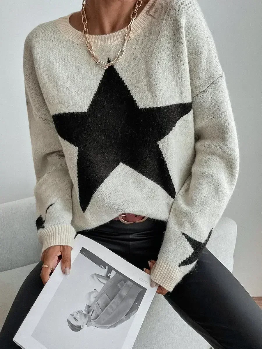 2025 Knitted Women's Sweater Loose Casual O-neck Star Thick Casual Pullover Female Jumper Elegant Spring Spring Trendy Sweater