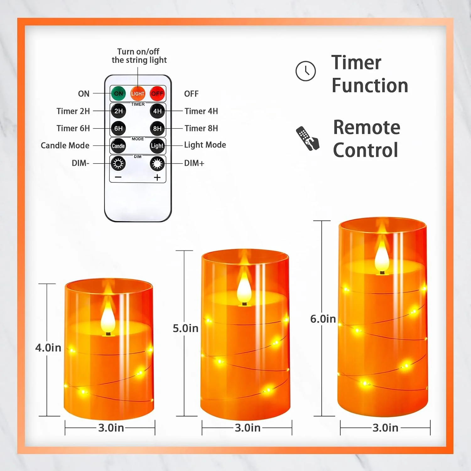 3PCS Orange Flameless LED Candles 3D Wick Star String Lights Battery Operated Remote Timer for Halloween Thanksgiving Fall Decor